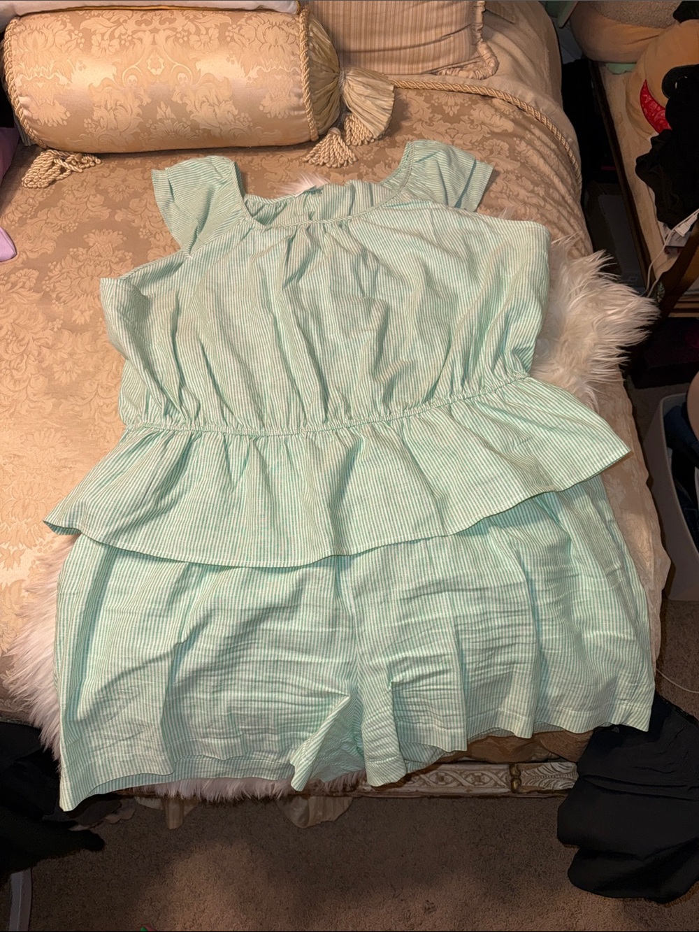 Time and Tru Mint Green Linen Striped Peplum 2 Piece Set  Size 22